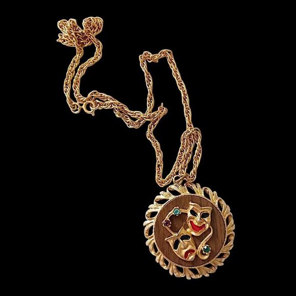 Vintage Comedy Tragedy Mask Necklace MCM Gold Tone Rhinestones Mardi Gras 70s - Picture 6 of 15